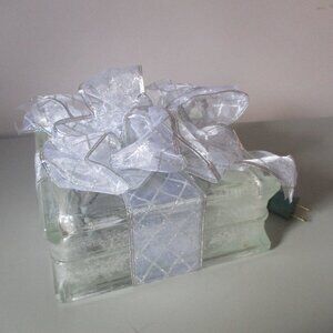 Lighted Glass Block w/ Silver Ribbon Christmas Present